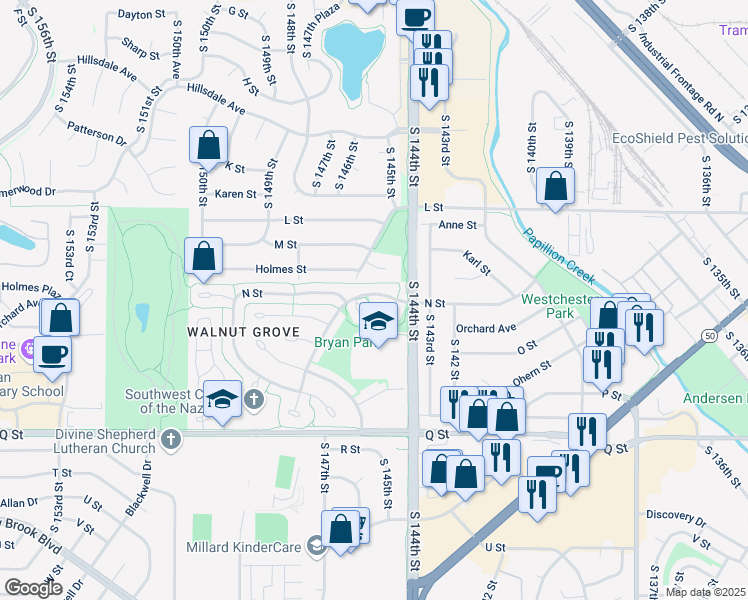map of restaurants, bars, coffee shops, grocery stores, and more near 4905 South 146th Circle in Omaha