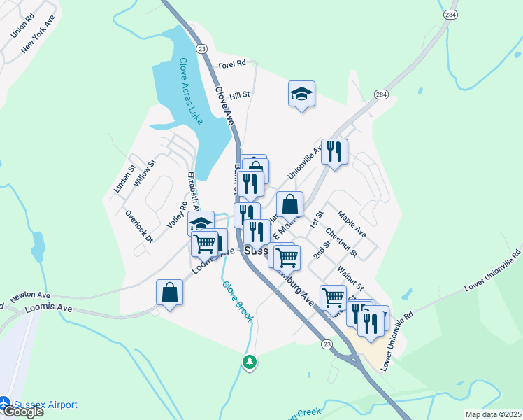 map of restaurants, bars, coffee shops, grocery stores, and more near 76 Fountain Square in Sussex