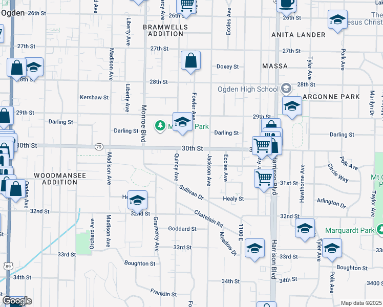 map of restaurants, bars, coffee shops, grocery stores, and more near 939 30th St in Ogden