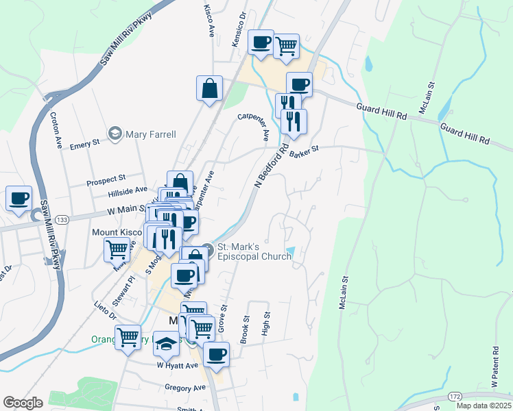 map of restaurants, bars, coffee shops, grocery stores, and more near 109 North Bedford Road in Mount Kisco