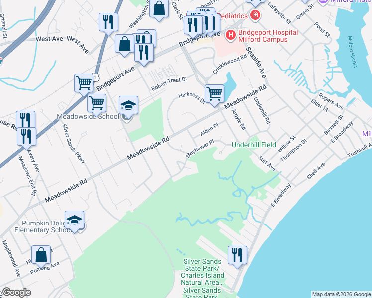 map of restaurants, bars, coffee shops, grocery stores, and more near 44 Wayland Road in Milford