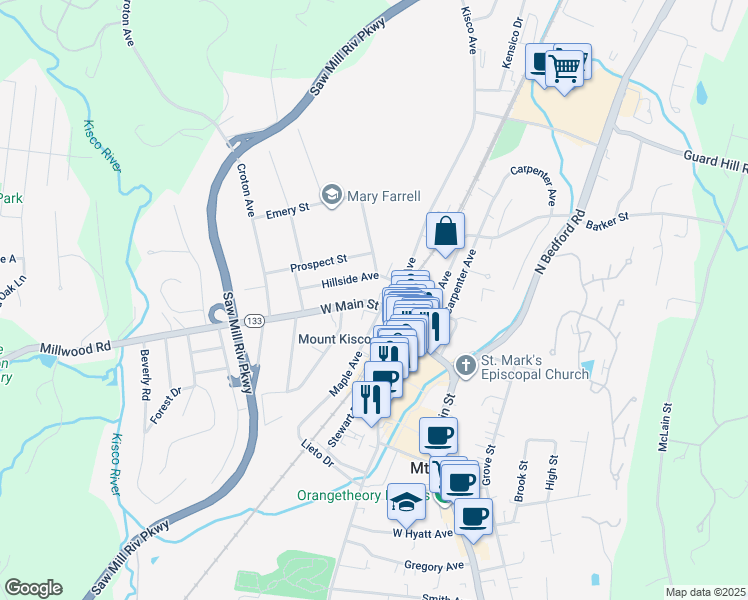 map of restaurants, bars, coffee shops, grocery stores, and more near 33 West Main Street in Mount Kisco