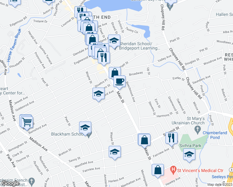 map of restaurants, bars, coffee shops, grocery stores, and more near 3543 Main Street in Bridgeport