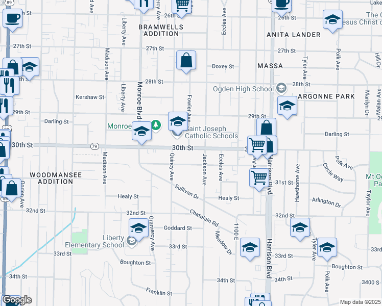 map of restaurants, bars, coffee shops, grocery stores, and more near 939 30th Street in Ogden