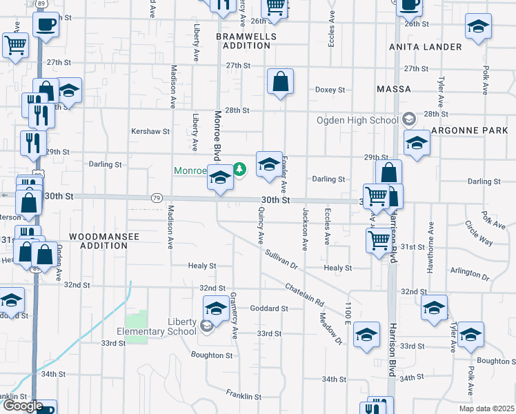 map of restaurants, bars, coffee shops, grocery stores, and more near 3025 Quincy Avenue in Ogden