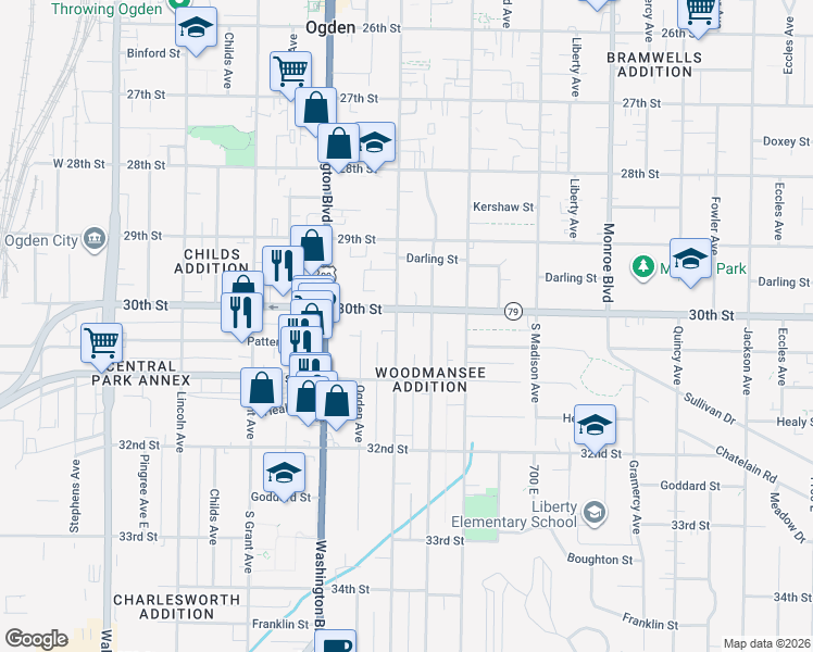 map of restaurants, bars, coffee shops, grocery stores, and more near 3024 Adams Avenue in Ogden