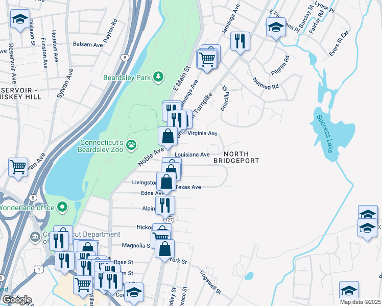 map of restaurants, bars, coffee shops, grocery stores, and more near 78 Louisiana Avenue in Bridgeport