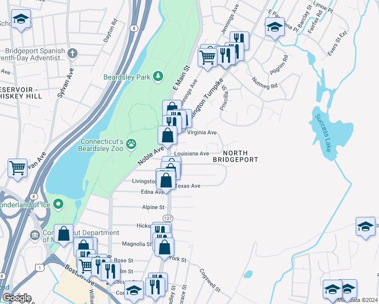 map of restaurants, bars, coffee shops, grocery stores, and more near 78 Louisiana Avenue in Bridgeport