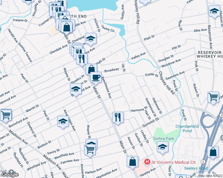 map of restaurants, bars, coffee shops, grocery stores, and more near 37 East Thorme Street in Bridgeport