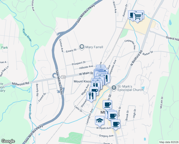 map of restaurants, bars, coffee shops, grocery stores, and more near 57 New York 133 in Mount Kisco