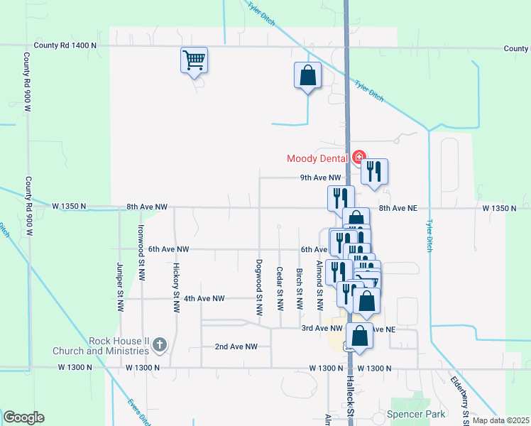 map of restaurants, bars, coffee shops, grocery stores, and more near 429 8th Avenue Northwest in De Motte