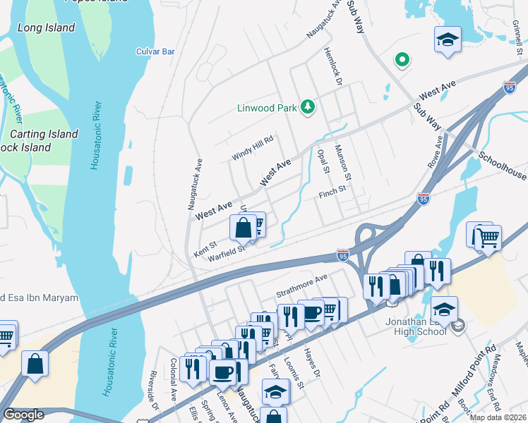 map of restaurants, bars, coffee shops, grocery stores, and more near 27 Arlmont Street in Milford