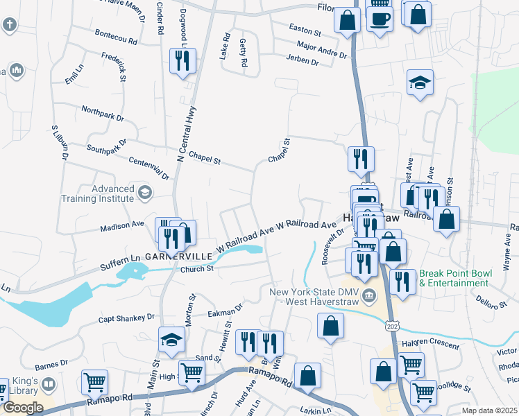 map of restaurants, bars, coffee shops, grocery stores, and more near 18 Chapel Street in West Haverstraw