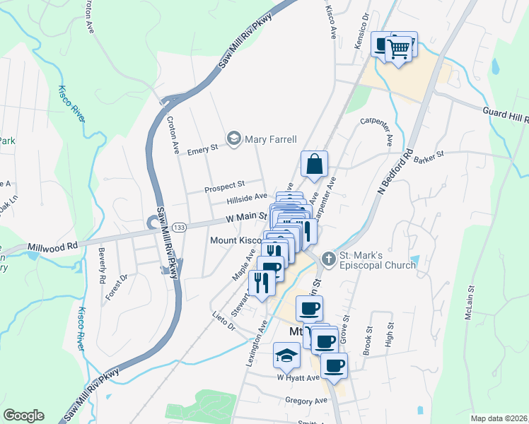 map of restaurants, bars, coffee shops, grocery stores, and more near 33 West Main Street in Mount Kisco