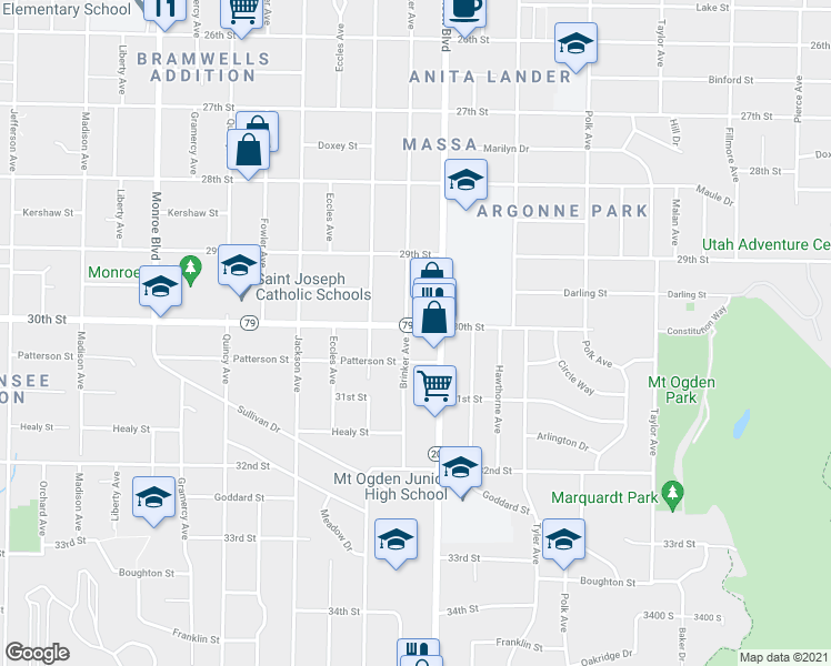 map of restaurants, bars, coffee shops, grocery stores, and more near 1163 30th Street in Ogden
