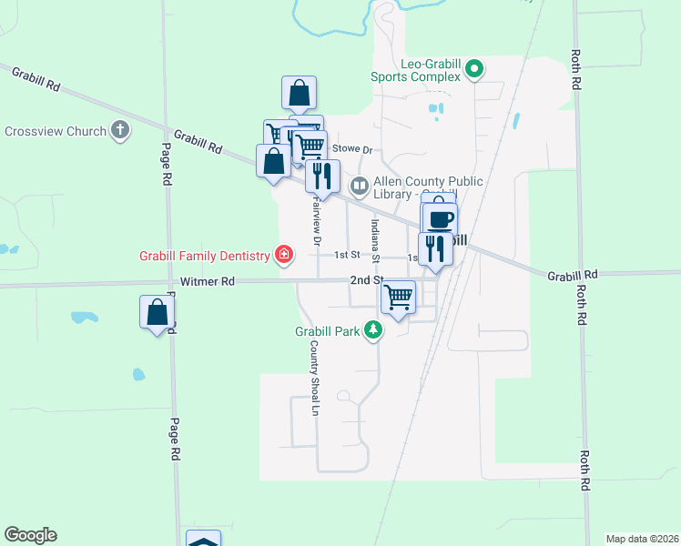 map of restaurants, bars, coffee shops, grocery stores, and more near 13419 2nd Street in Grabill