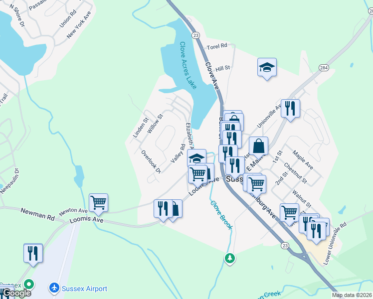 map of restaurants, bars, coffee shops, grocery stores, and more near 3 Valley Rd in Sussex
