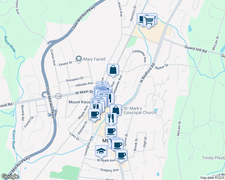 map of restaurants, bars, coffee shops, grocery stores, and more near 41 North Moger Avenue in Mount Kisco