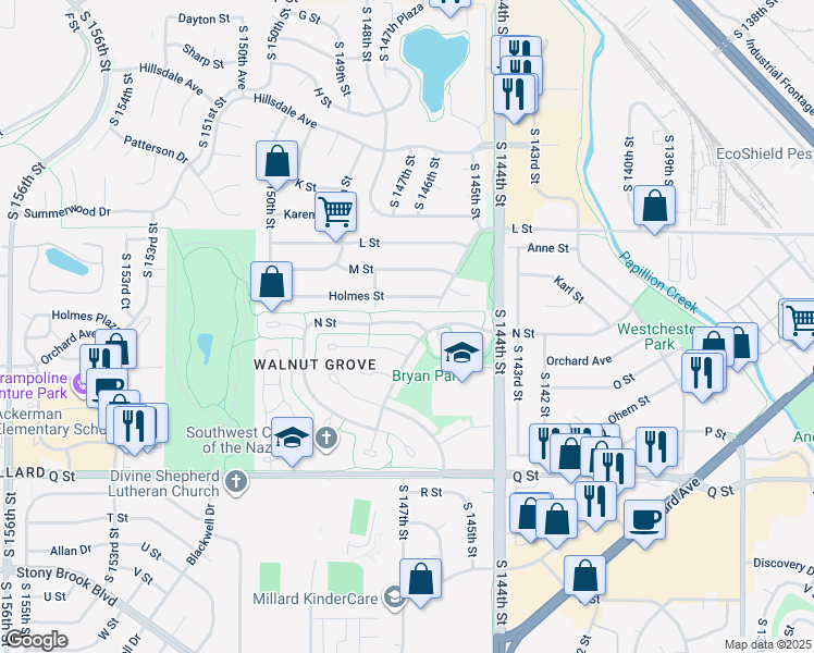 map of restaurants, bars, coffee shops, grocery stores, and more near 14723 N St in Omaha