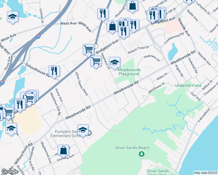 map of restaurants, bars, coffee shops, grocery stores, and more near 23 West Shore Drive in Milford
