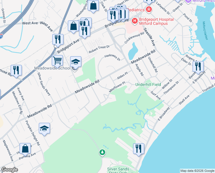 map of restaurants, bars, coffee shops, grocery stores, and more near 39 Wayland Road in Milford