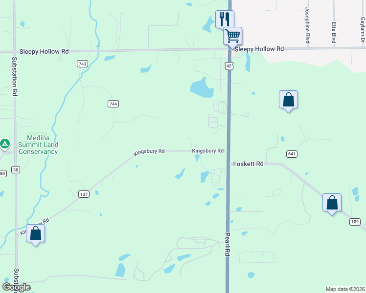 map of restaurants, bars, coffee shops, grocery stores, and more near 4445 Kingsbury Road in Medina
