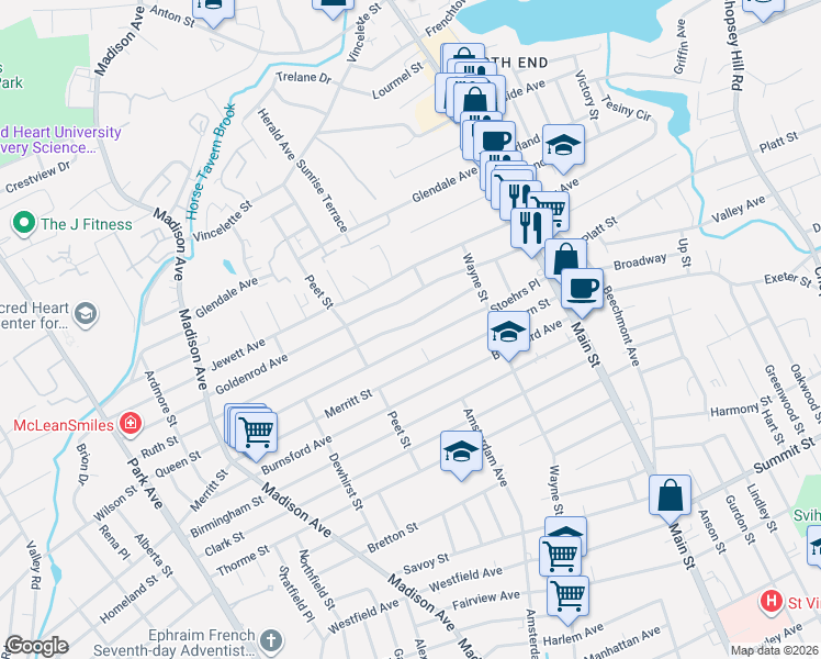 map of restaurants, bars, coffee shops, grocery stores, and more near 225 Ruth Street in Bridgeport