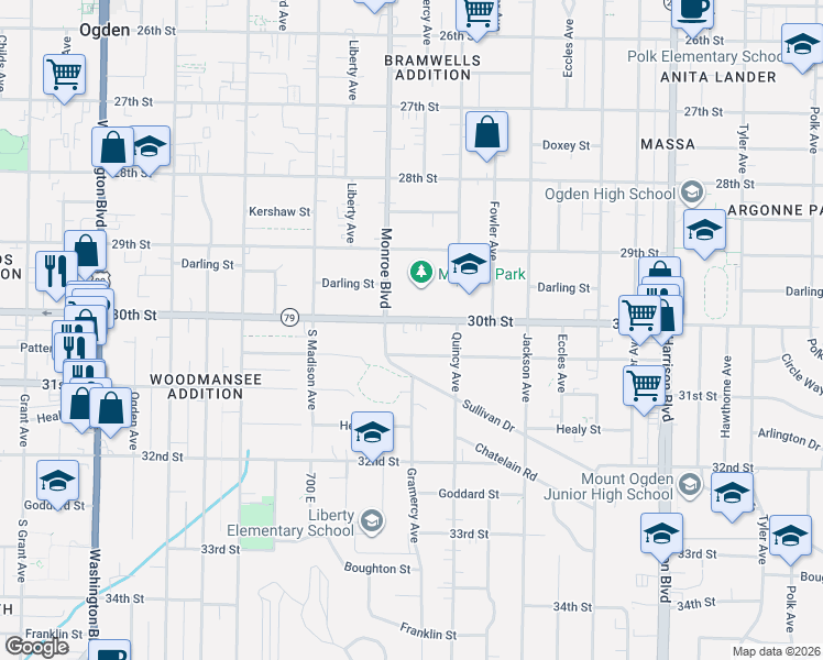 map of restaurants, bars, coffee shops, grocery stores, and more near 831 30th Street in Ogden