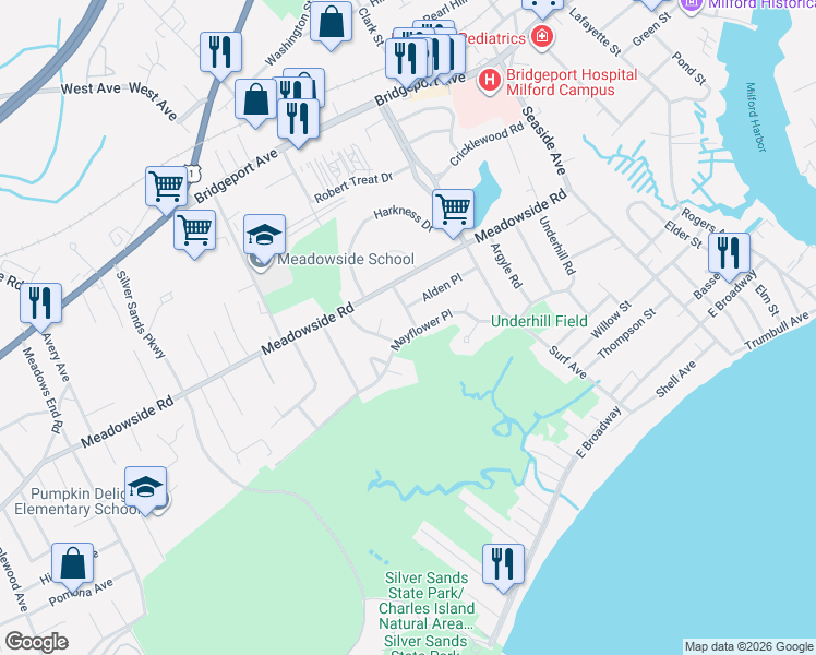 map of restaurants, bars, coffee shops, grocery stores, and more near 35 Primrose Street in Milford