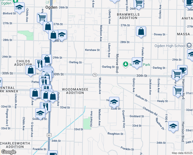 map of restaurants, bars, coffee shops, grocery stores, and more near 678 Patterson Street in Ogden