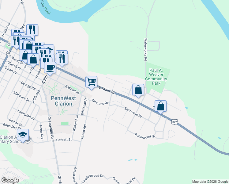 map of restaurants, bars, coffee shops, grocery stores, and more near 1130 East Main Street in Clarion