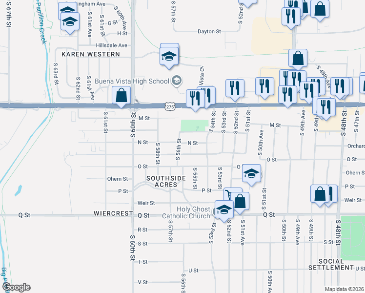 map of restaurants, bars, coffee shops, grocery stores, and more near 5516 Orchard Avenue in Omaha