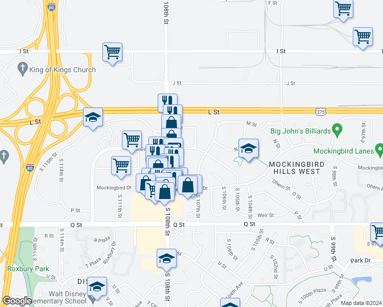 map of restaurants, bars, coffee shops, grocery stores, and more near 10719 O Street in Omaha
