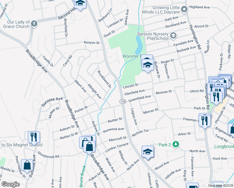 map of restaurants, bars, coffee shops, grocery stores, and more near 20 Meadowbrook Road in Stratford