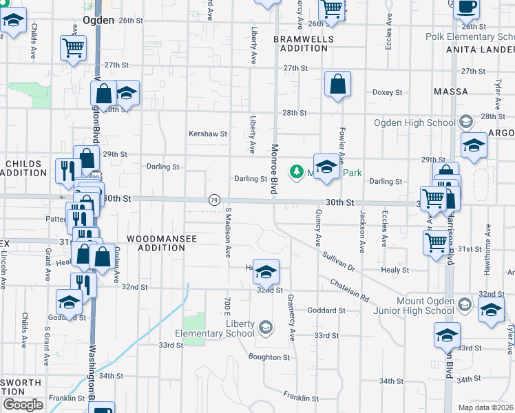 map of restaurants, bars, coffee shops, grocery stores, and more near 755 30th Street in Ogden