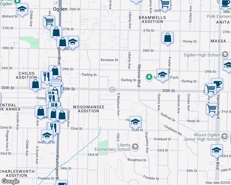 map of restaurants, bars, coffee shops, grocery stores, and more near 669 30th Street in Ogden