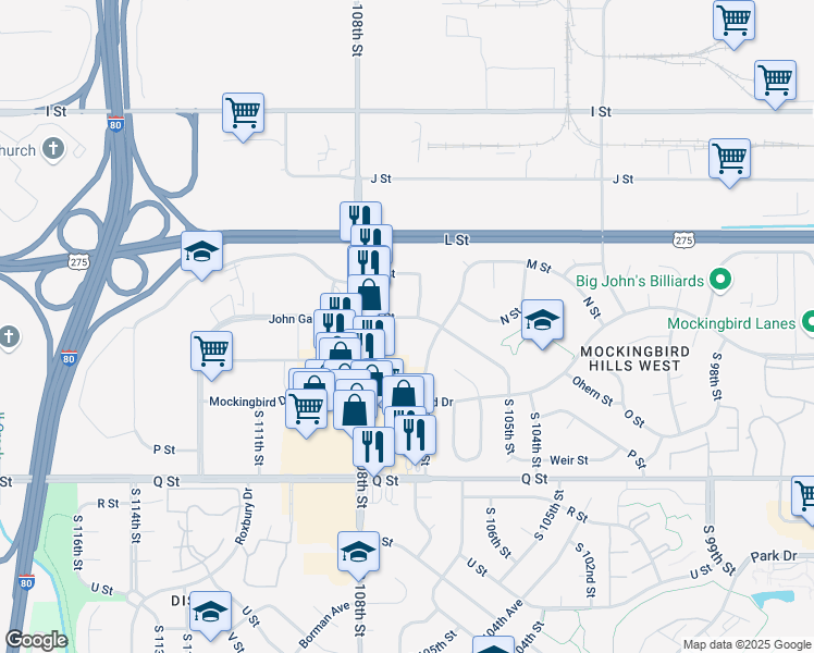 map of restaurants, bars, coffee shops, grocery stores, and more near 10719 O Street in Omaha
