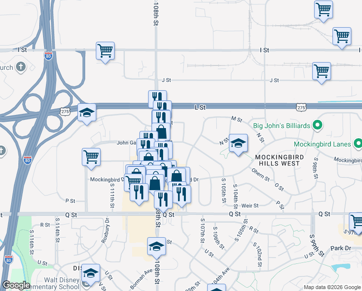 map of restaurants, bars, coffee shops, grocery stores, and more near 10719 O Street in Omaha