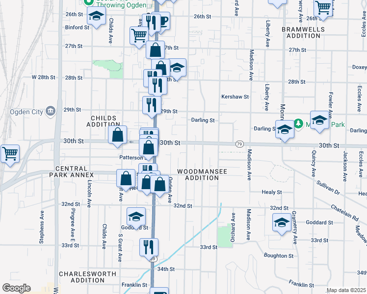map of restaurants, bars, coffee shops, grocery stores, and more near 3024 Adams Avenue in Ogden