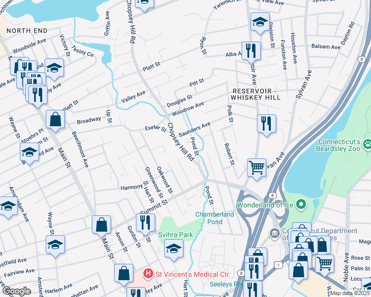 map of restaurants, bars, coffee shops, grocery stores, and more near 148 Wilcox Street in Bridgeport