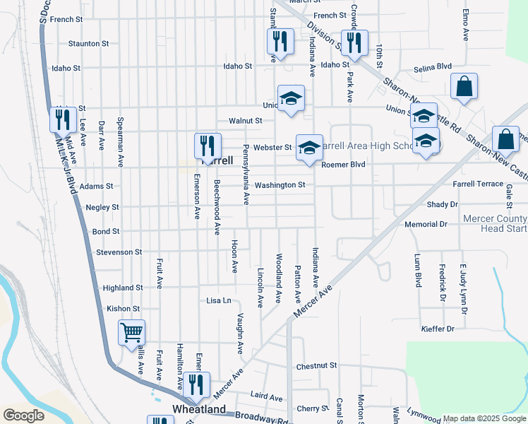 map of restaurants, bars, coffee shops, grocery stores, and more near 505 Pennsylvania Avenue in Farrell