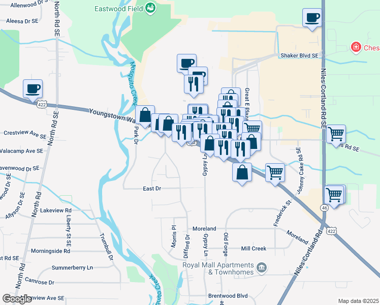 map of restaurants, bars, coffee shops, grocery stores, and more near 1754 Gypsy Lane in Niles