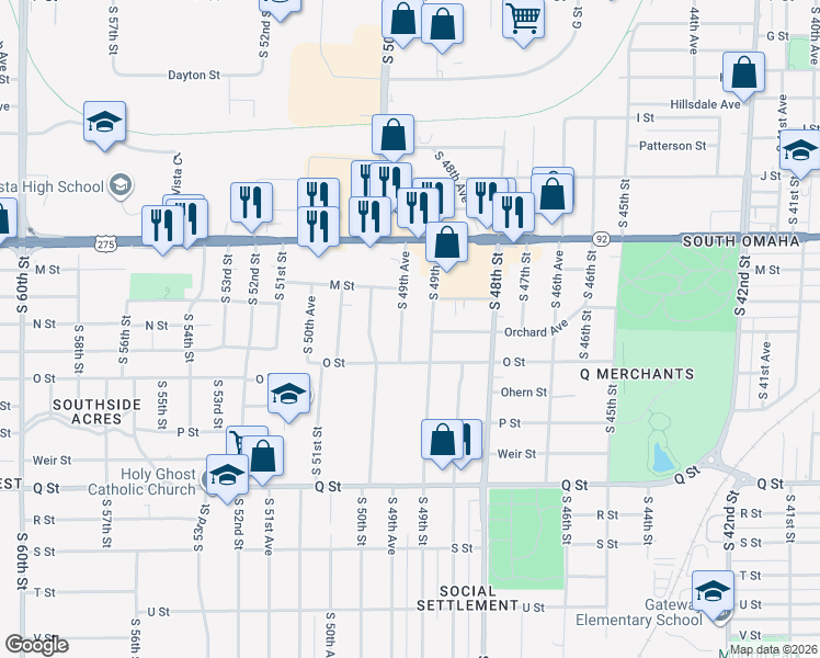 map of restaurants, bars, coffee shops, grocery stores, and more near 4923 South 49th Avenue in Omaha
