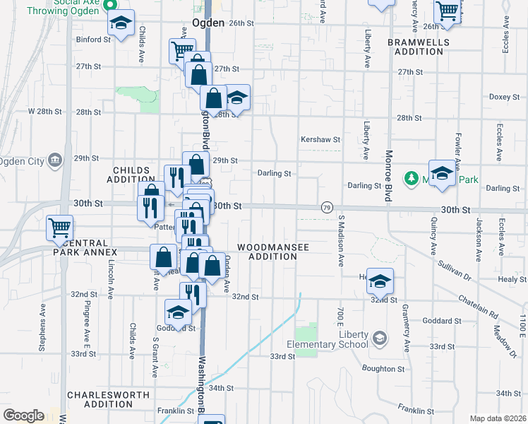 map of restaurants, bars, coffee shops, grocery stores, and more near 525 30th Street in Ogden