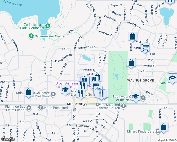 map of restaurants, bars, coffee shops, grocery stores, and more near 15363 Holmes Plaza in Omaha