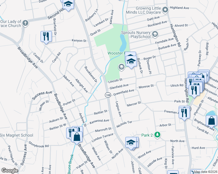 map of restaurants, bars, coffee shops, grocery stores, and more near 998 Nichols Avenue in Stratford