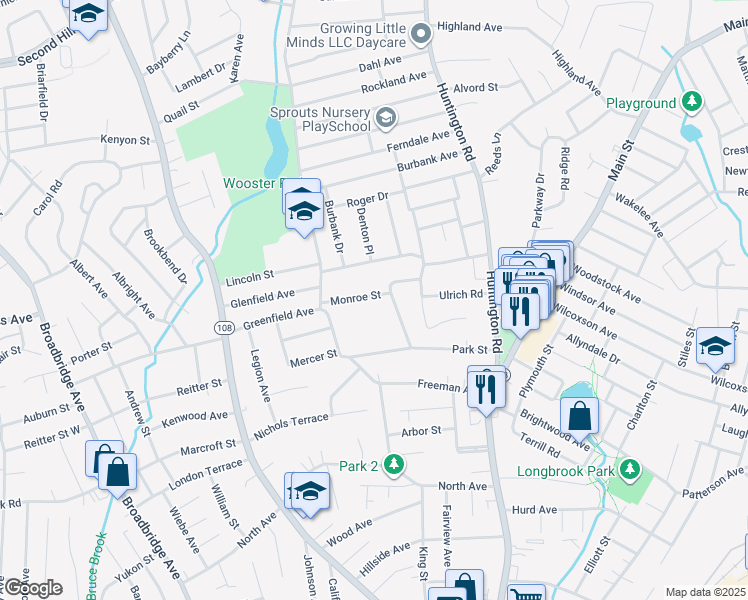 map of restaurants, bars, coffee shops, grocery stores, and more near 37 Monroe Street in Stratford