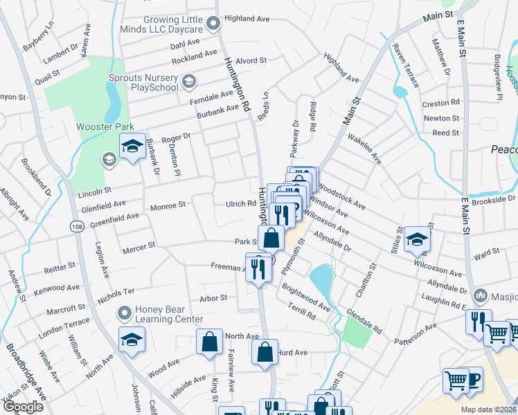 map of restaurants, bars, coffee shops, grocery stores, and more near 240 Lobdell Drive in Stratford
