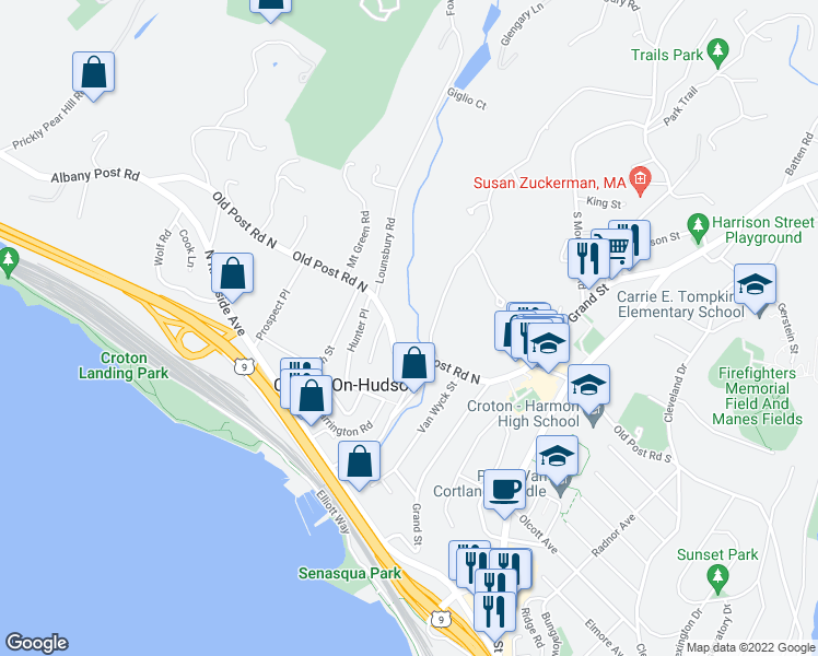map of restaurants, bars, coffee shops, grocery stores, and more near 41 Old Post Road North in Croton-on-Hudson