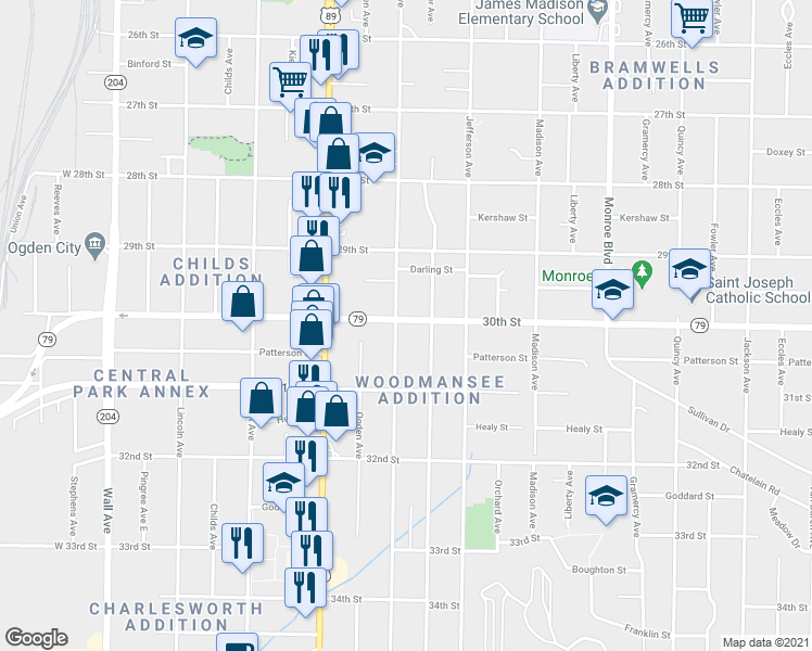 map of restaurants, bars, coffee shops, grocery stores, and more near 3024 Adams Avenue in Ogden